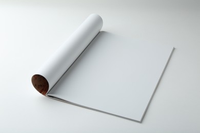 Open magazine with blank page on white background. Mockup for design