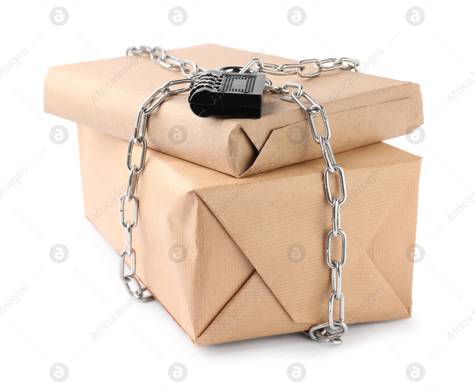 Photo of Parcels with chain and padlock isolated on white