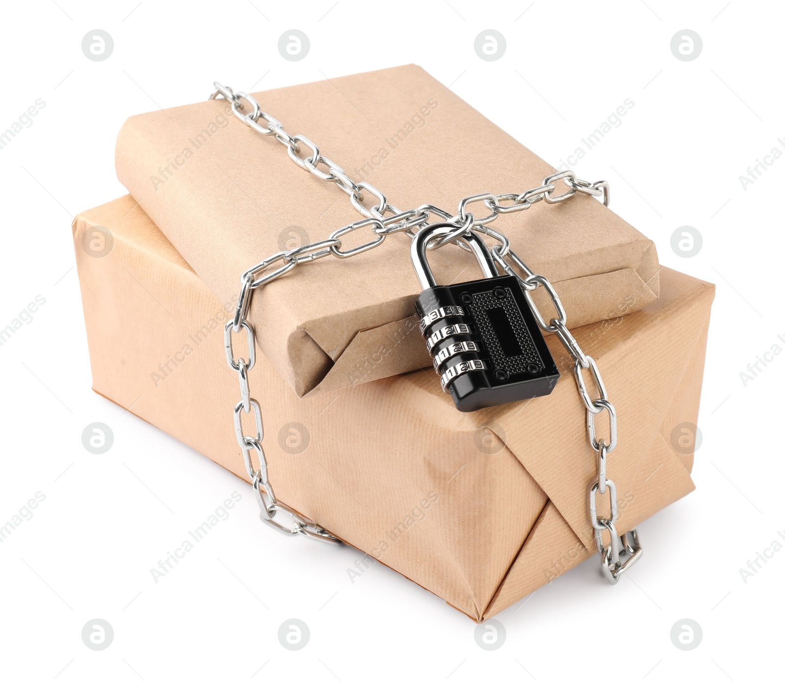 Photo of Parcels with chain and padlock isolated on white