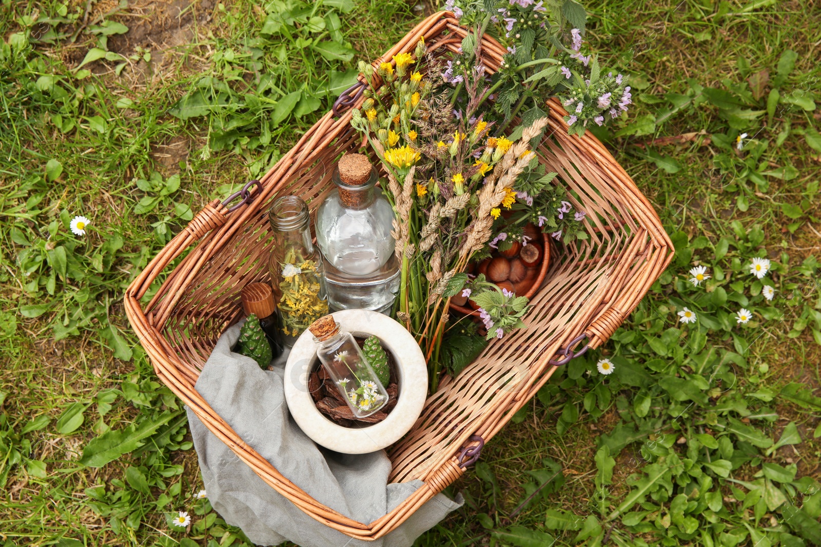 Photo of Tincture and different ingredients in wicker basket outdoors, top view