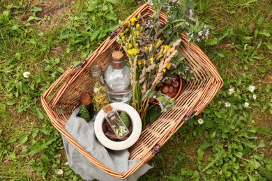 Tincture and different ingredients in wicker basket outdoors, top view