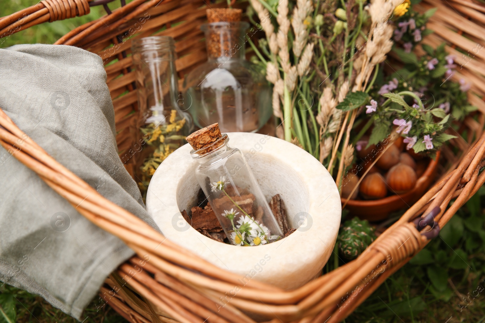 Photo of Tincture and different ingredients in wicker basket outdoors, closeup