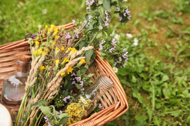 Tincture and flowers in wicker basket outdoors, space for text