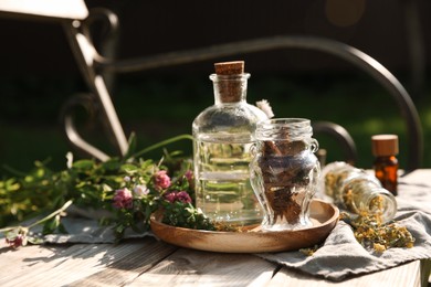 Photo of Tincture in bottle, flowers and pine cone on wooden bench outdoors, closeup