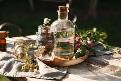 Tincture in bottle, flowers and pine cone on wooden bench outdoors, closeup