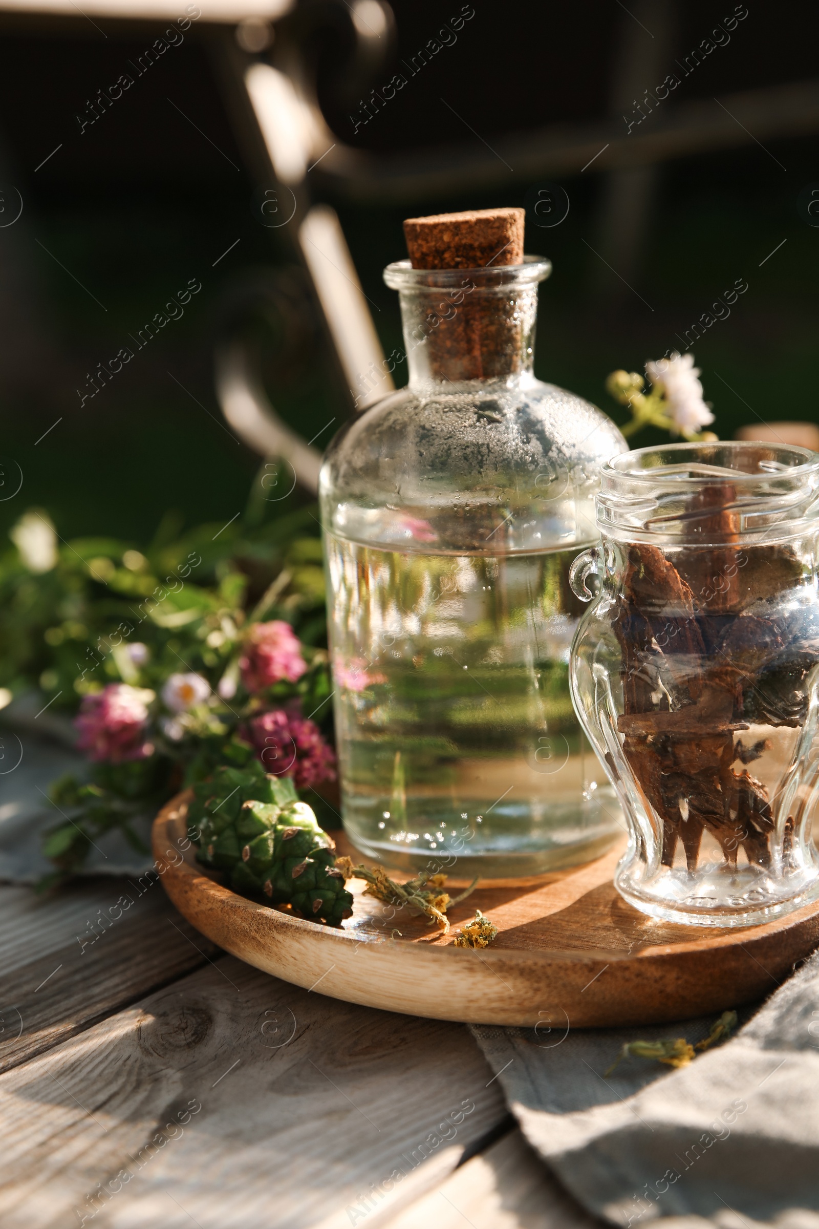 Photo of Tincture in bottle, flowers and pine cone on wooden bench outdoors, closeup