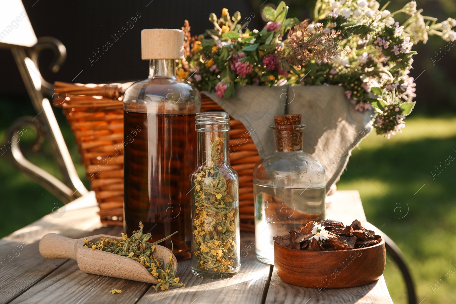 Photo of Different tinctures in bottles, bark chips and flowers on wooden bench outdoors, closeup