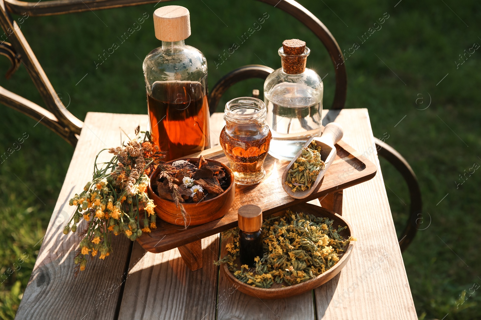 Photo of Different tinctures in bottles, bark chips and flowers on wooden bench outdoors