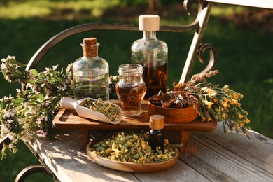 Photo of Different tinctures in bottles, bark chips and flowers on wooden bench outdoors