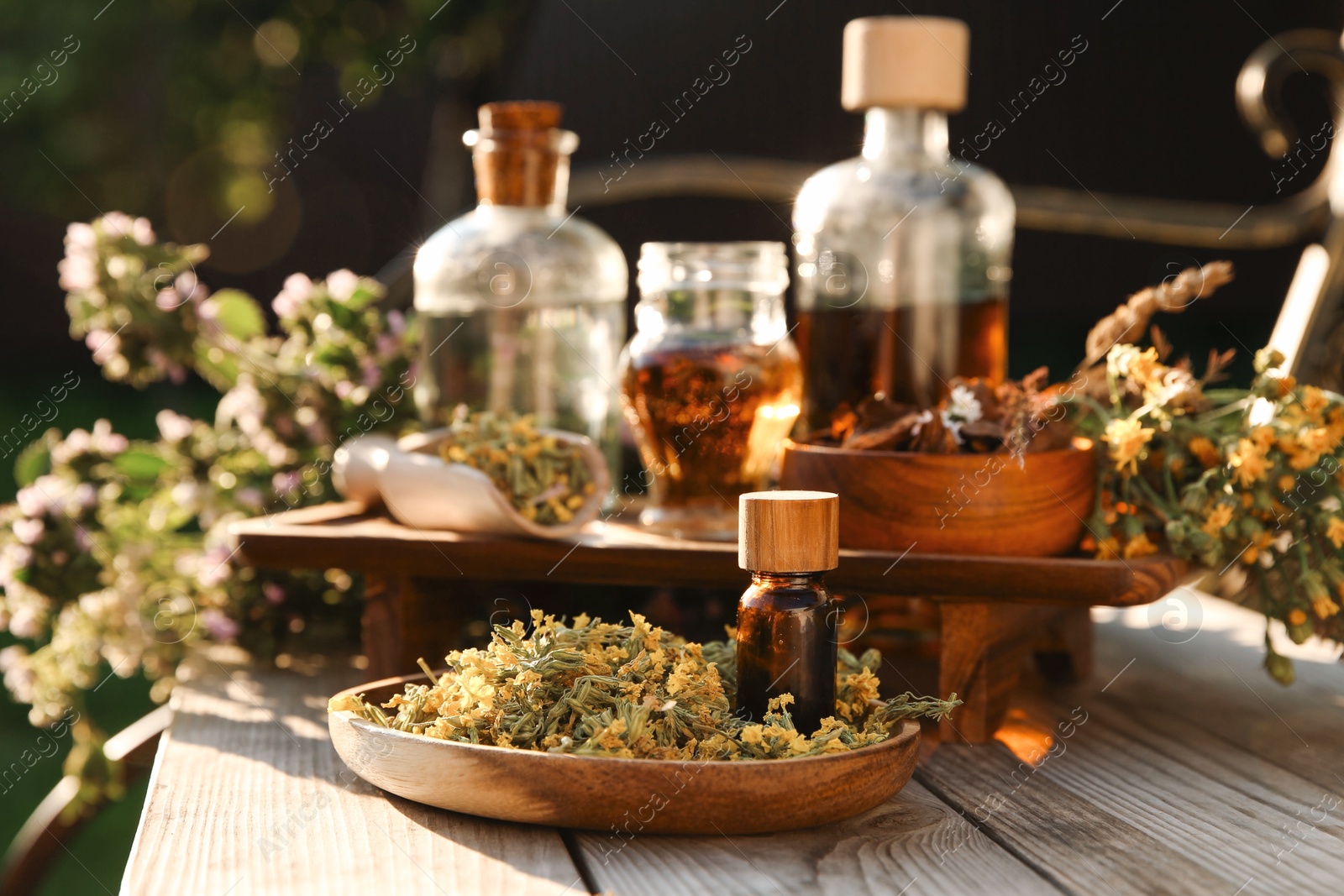 Photo of Different tinctures in bottles, bark chips and flowers on wooden bench outdoors, closeup