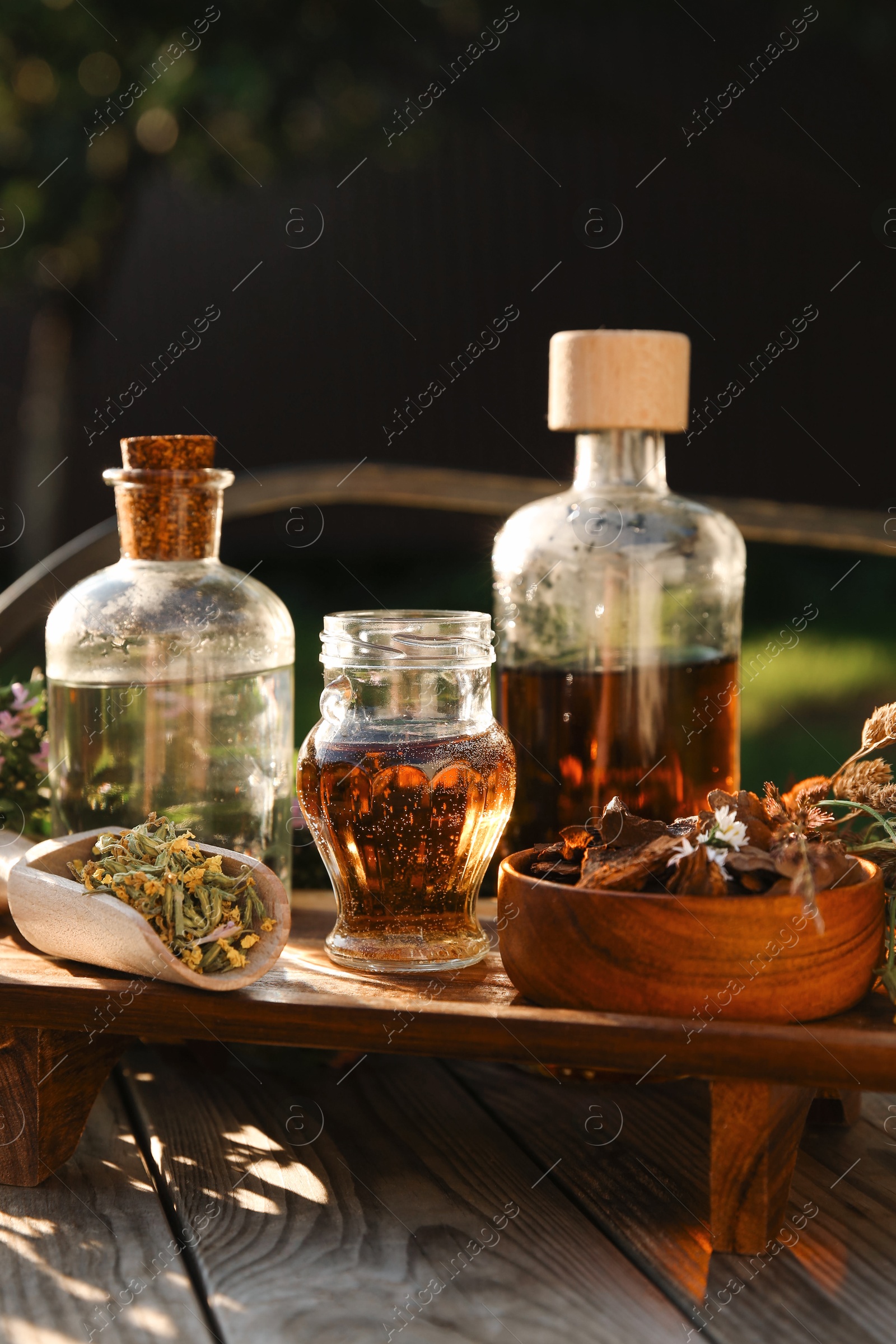 Photo of Different tinctures in bottles, bark chips and flowers on wooden bench outdoors, closeup