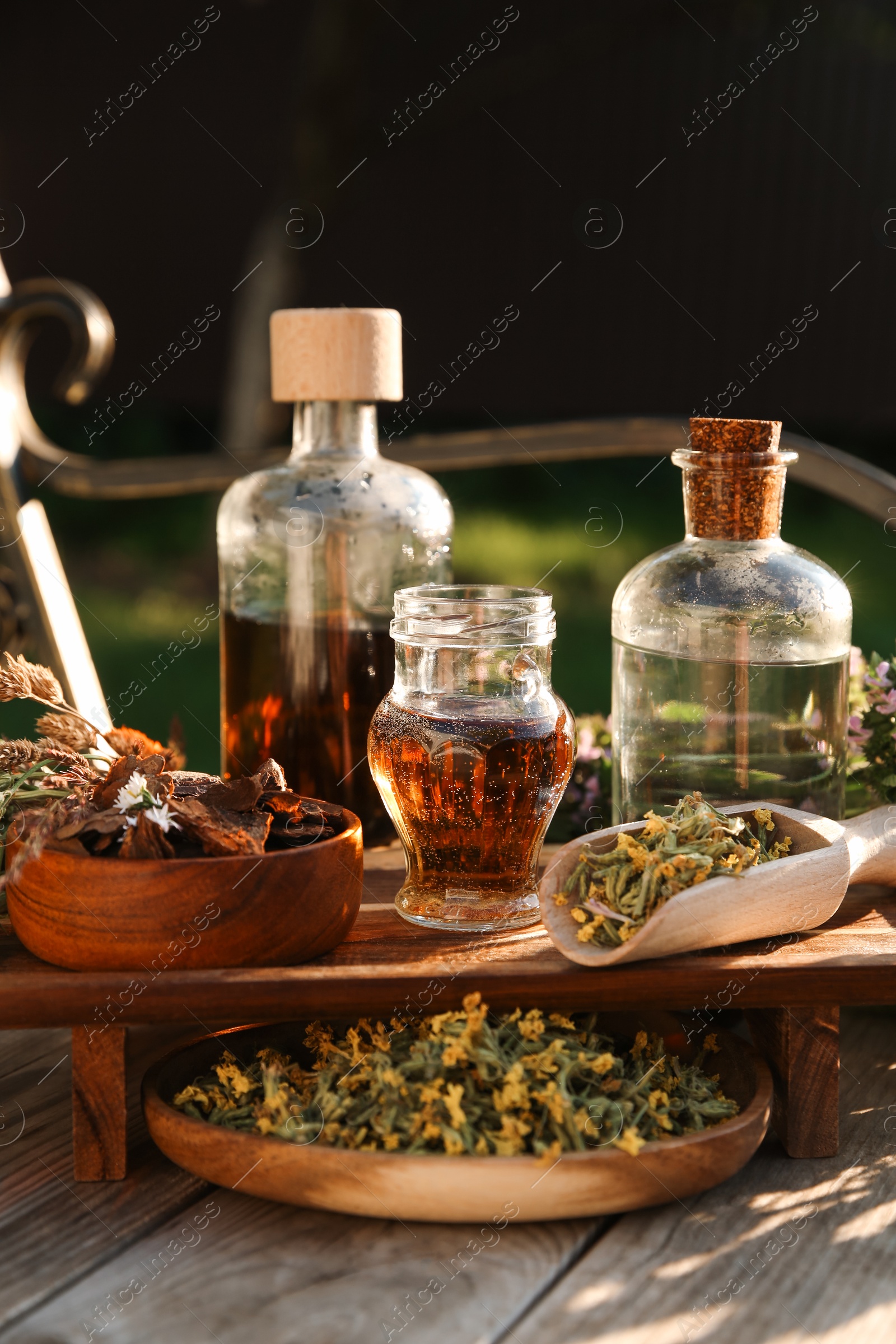 Photo of Different tinctures in bottles, bark chips and flowers on wooden bench outdoors, closeup