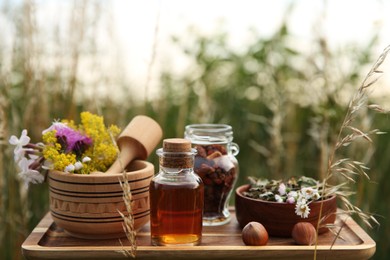 Photo of Tincture in bottle, different ingredients, mortar and pestle outdoors