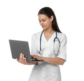 Portrait of beautiful nurse with laptop on white background