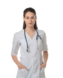 Photo of Portrait of beautiful nurse with stethoscope on white background