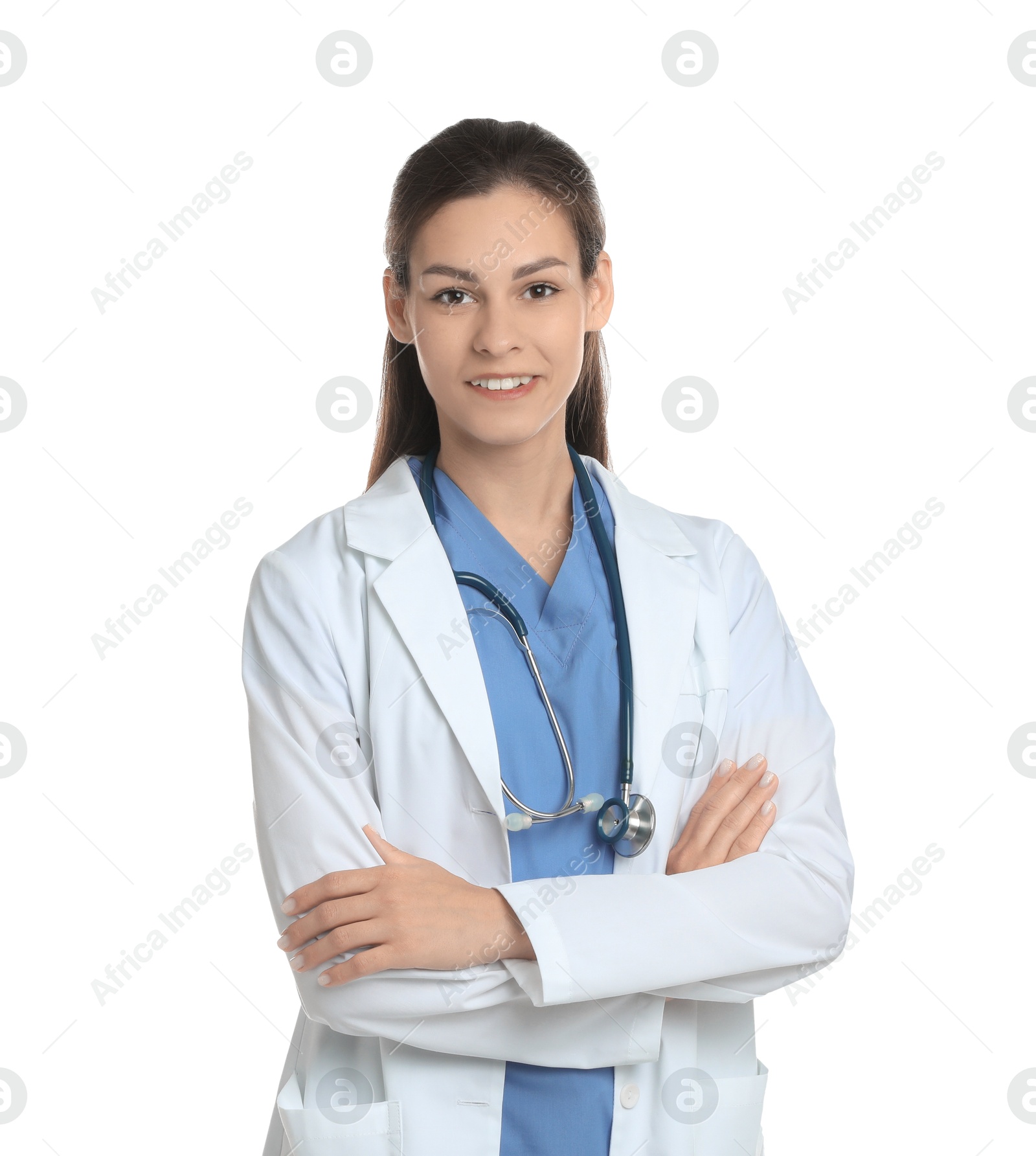 Photo of Portrait of smiling nurse with stethoscope on white background