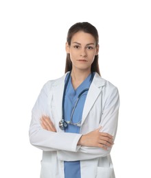 Photo of Portrait of beautiful nurse with crossed arms on white background