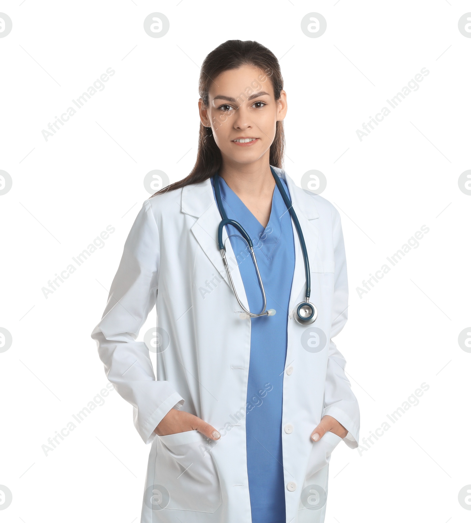 Photo of Portrait of smiling nurse with stethoscope on white background