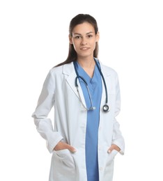 Photo of Portrait of smiling nurse with stethoscope on white background