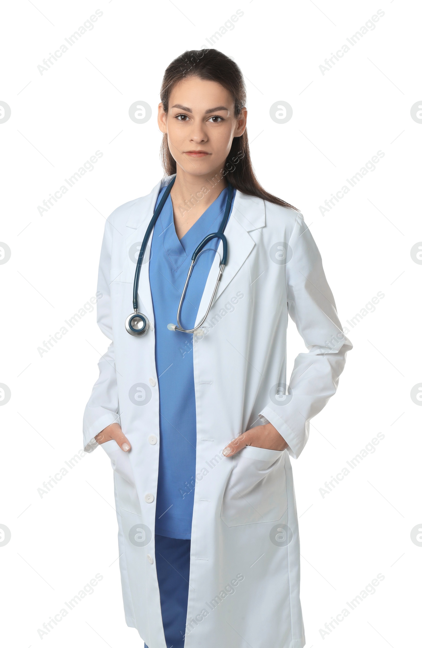 Photo of Portrait of beautiful nurse with stethoscope on white background