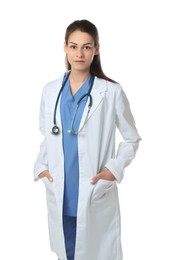 Portrait of beautiful nurse with stethoscope on white background