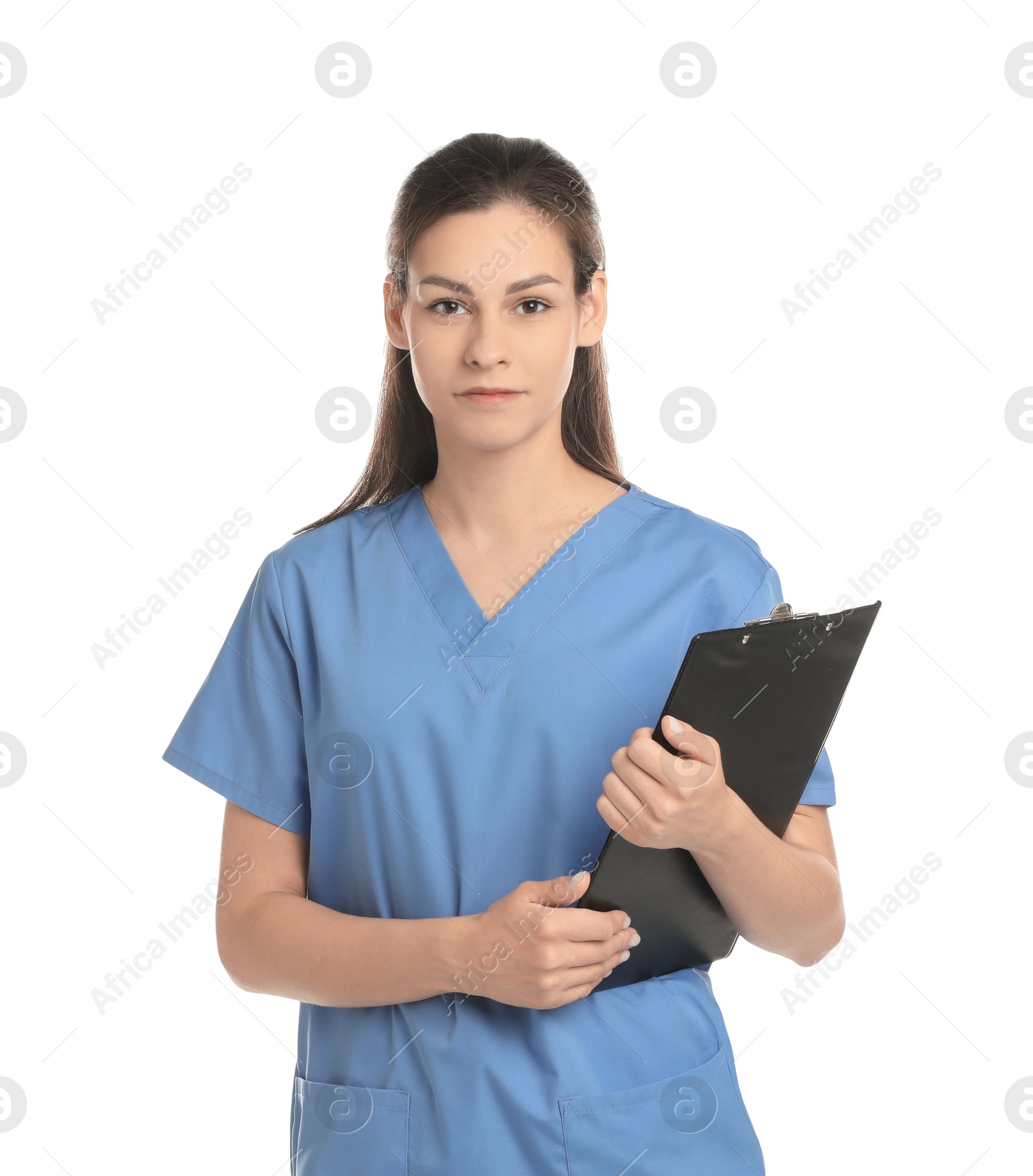 Photo of Portrait of beautiful nurse with clipboard on white background