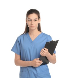 Photo of Portrait of beautiful nurse with clipboard on white background