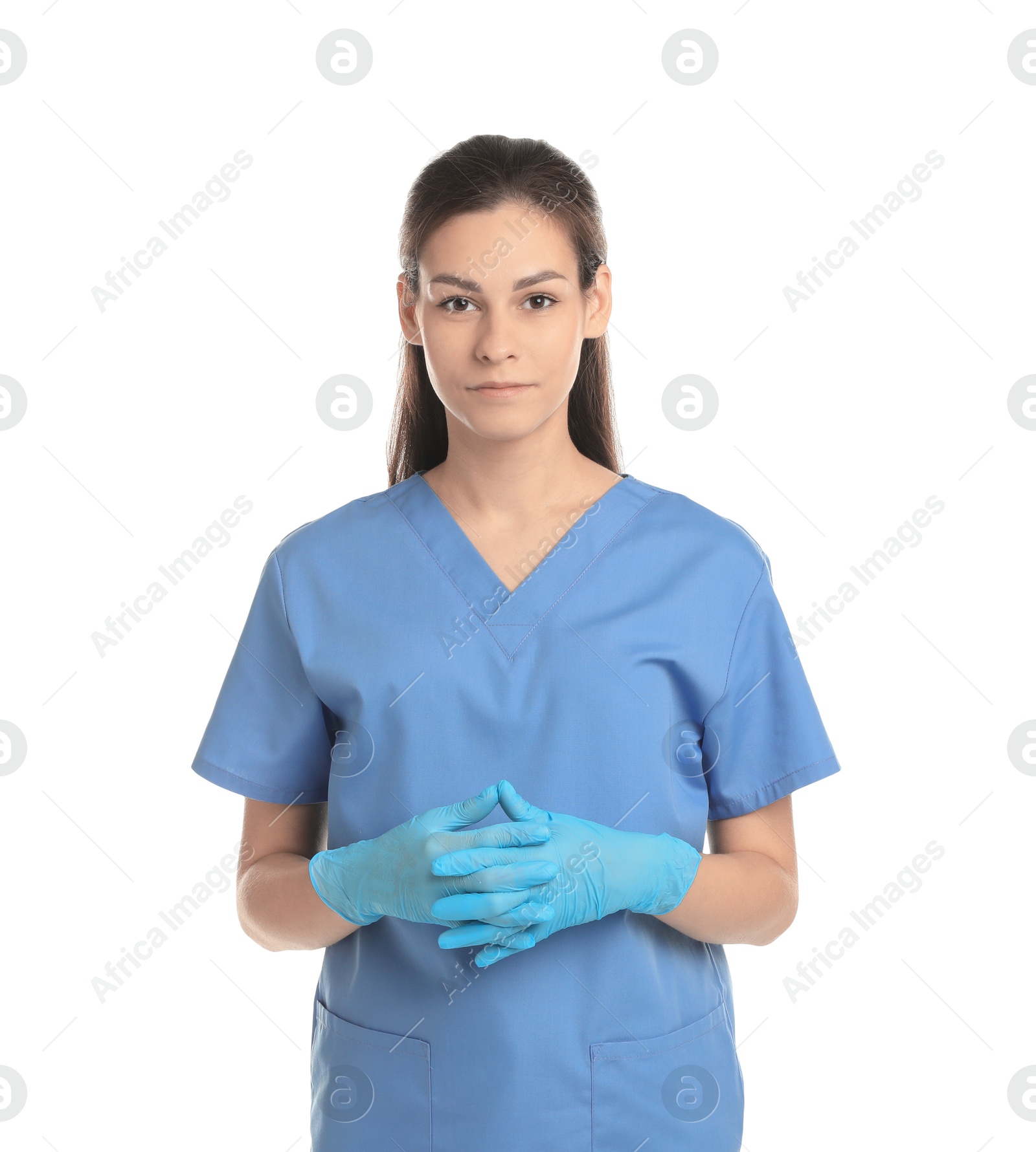 Photo of Beautiful nurse in medical gloves on white background