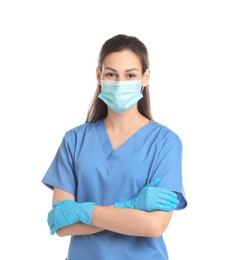 Photo of Beautiful nurse in medical mask and gloves on white background