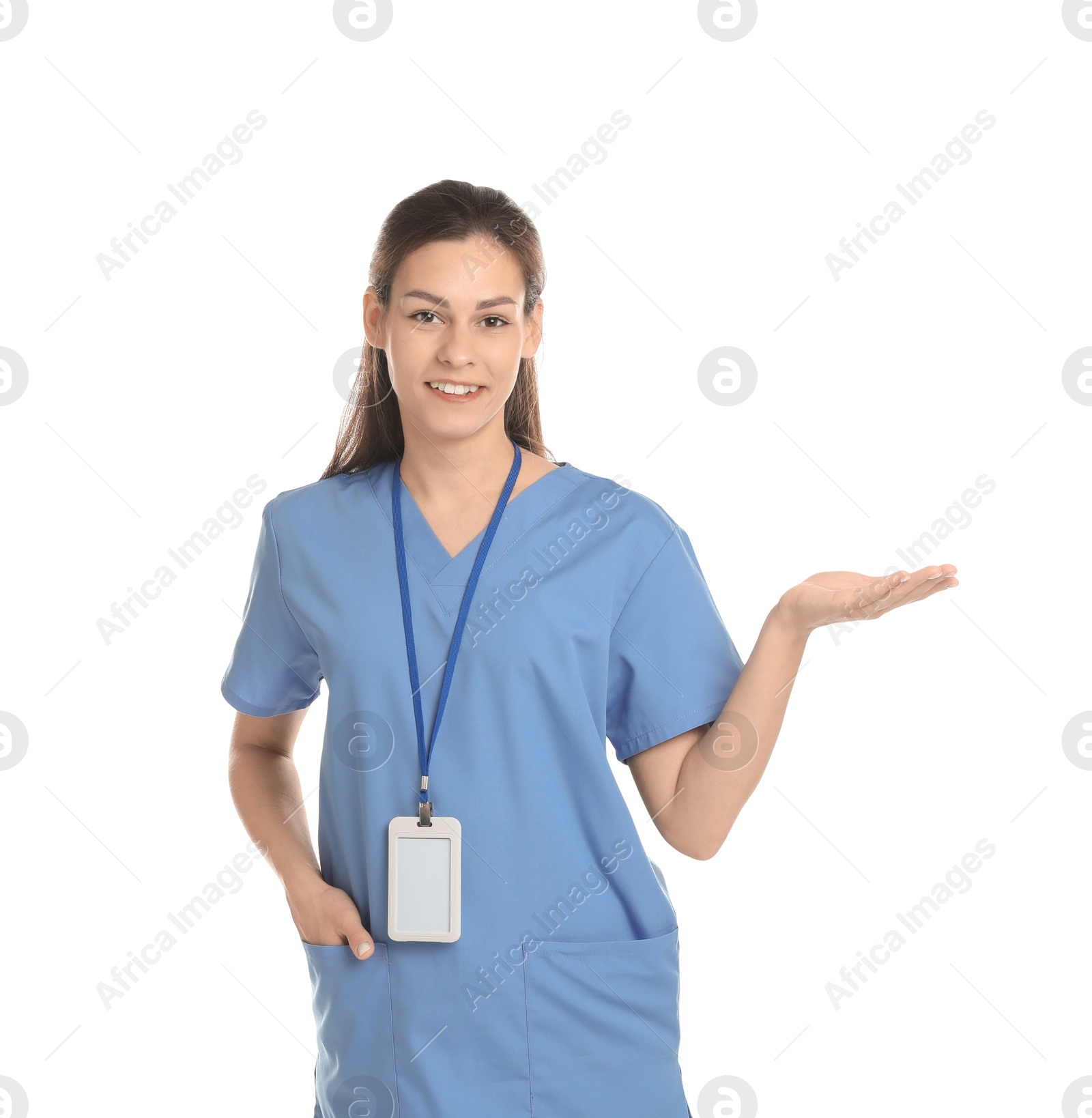 Photo of Smiling nurse holding something on white background