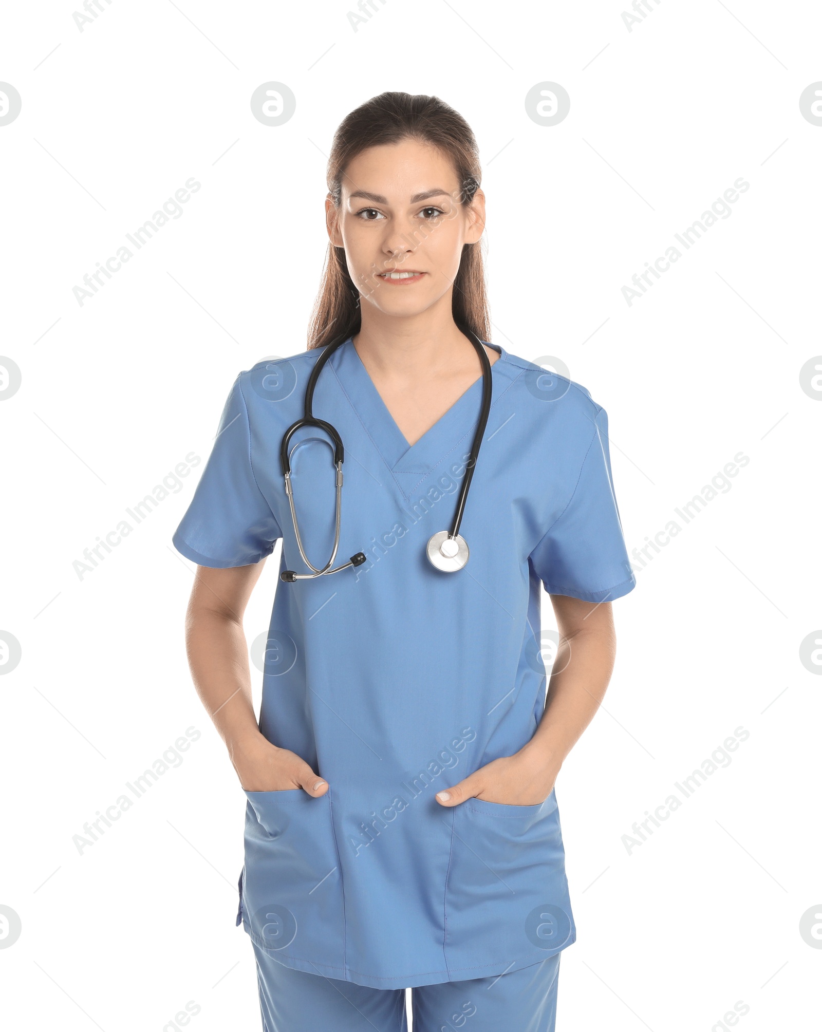 Photo of Smiling nurse in uniform on white background