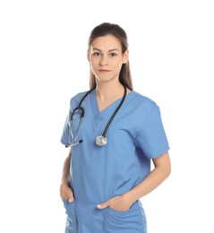 Photo of Portrait of beautiful nurse with stethoscope on white background