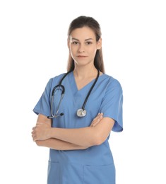 Portrait of beautiful nurse with stethoscope on white background