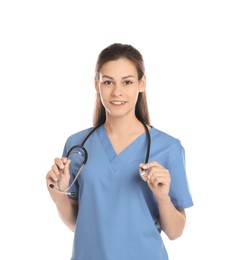 Photo of Portrait of smiling nurse with stethoscope on white background