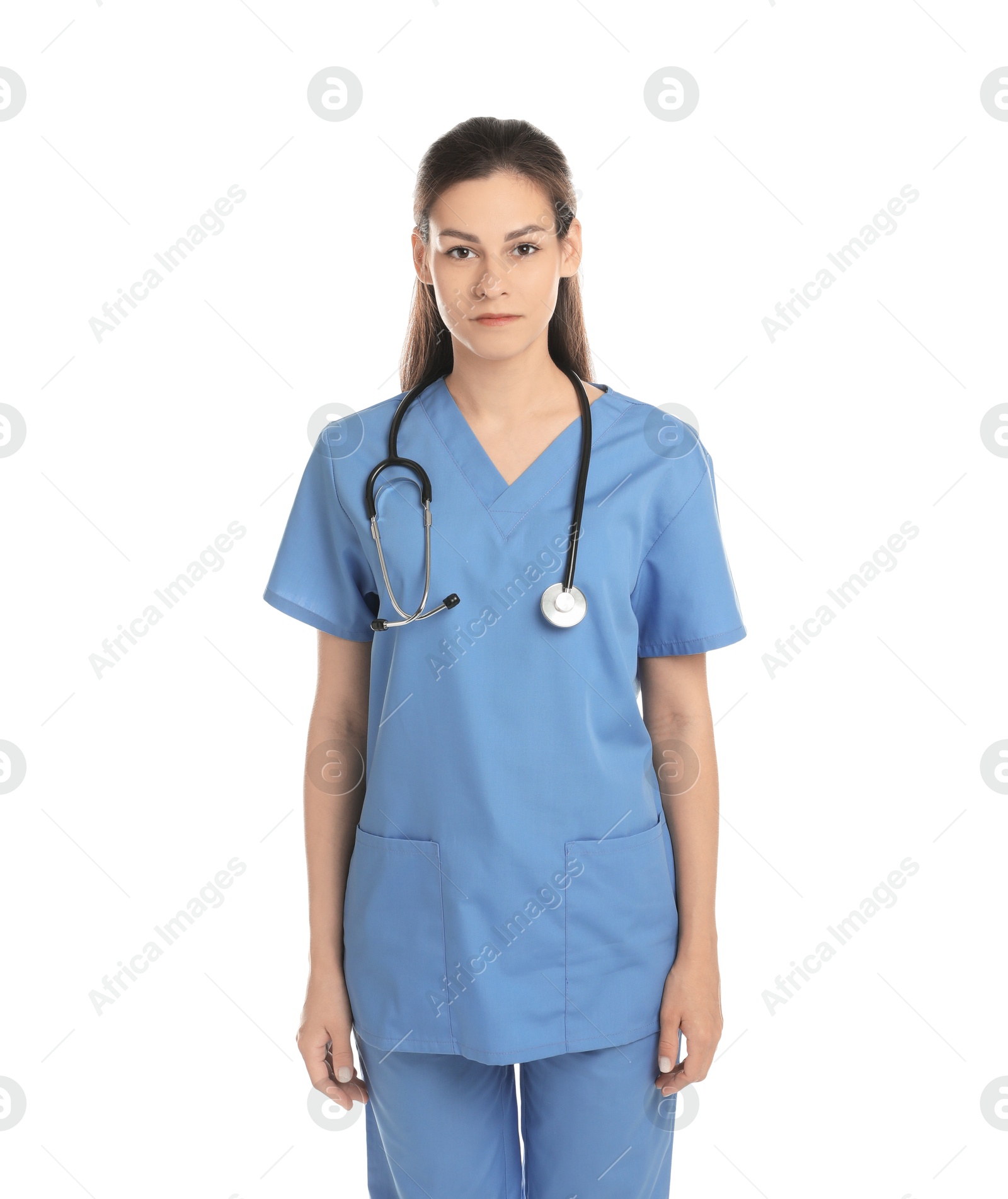 Photo of Portrait of beautiful nurse with stethoscope on white background