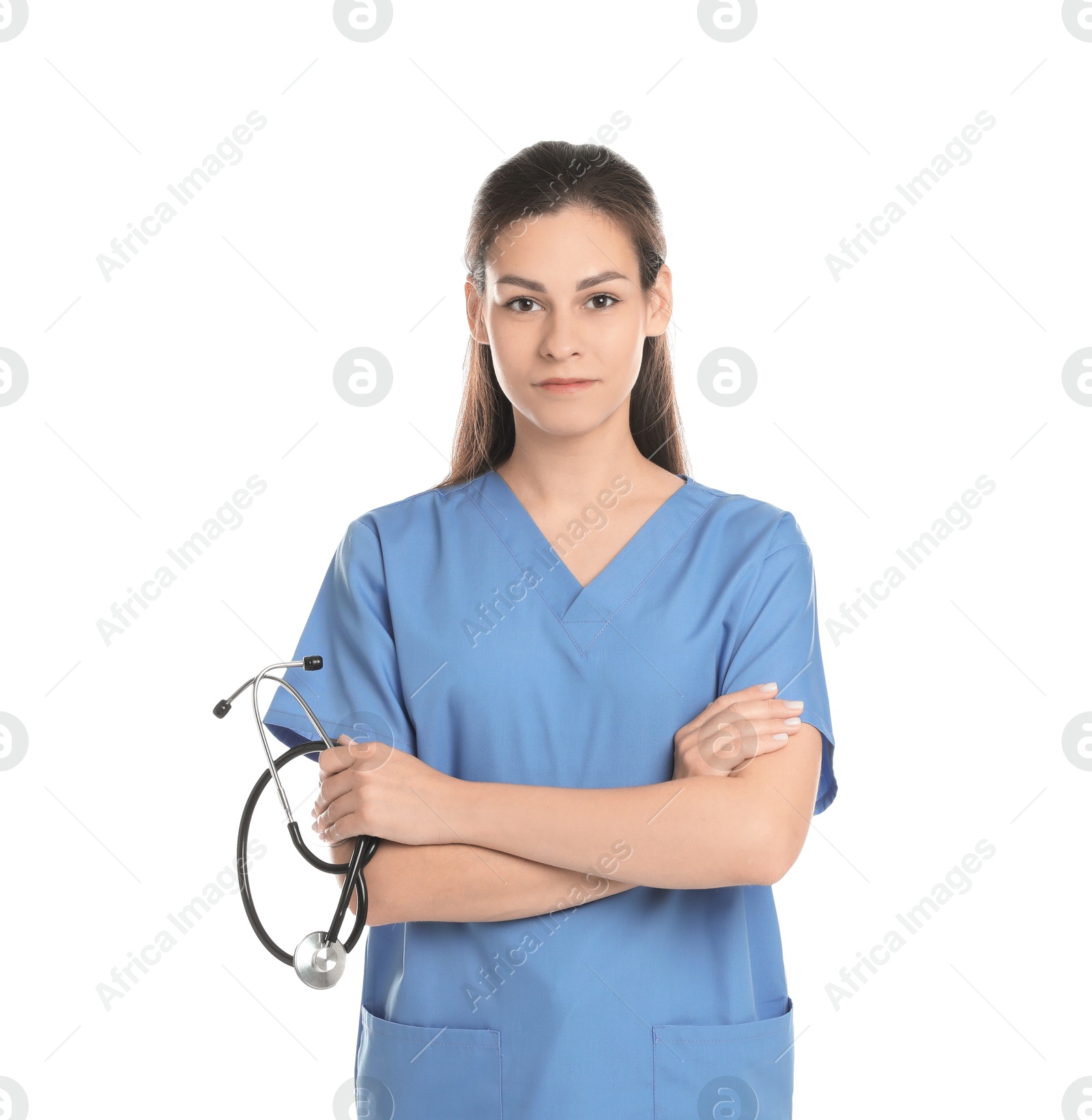 Photo of Portrait of beautiful nurse with stethoscope on white background