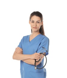 Portrait of beautiful nurse with stethoscope on white background