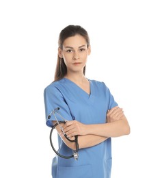 Photo of Portrait of beautiful nurse with stethoscope on white background