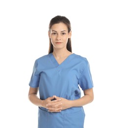 Portrait of beautiful nurse on white background