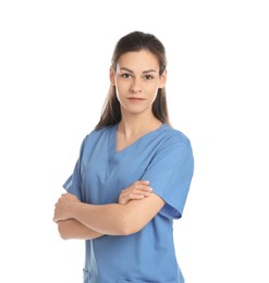 Photo of Portrait of beautiful nurse with crossed arms on white background