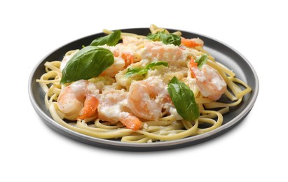 Tasty pasta with shrimps isolated on white