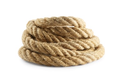 Photo of Bundle of hemp rope isolated on white