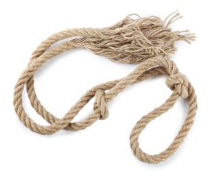 Photo of Hemp rope with knots isolated on white, top view