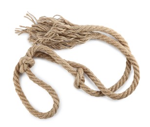 Photo of Hemp rope with knots isolated on white, top view