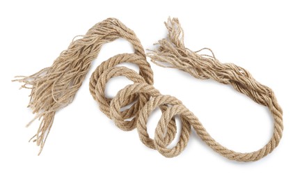 Photo of Hemp rope isolated on white, top view