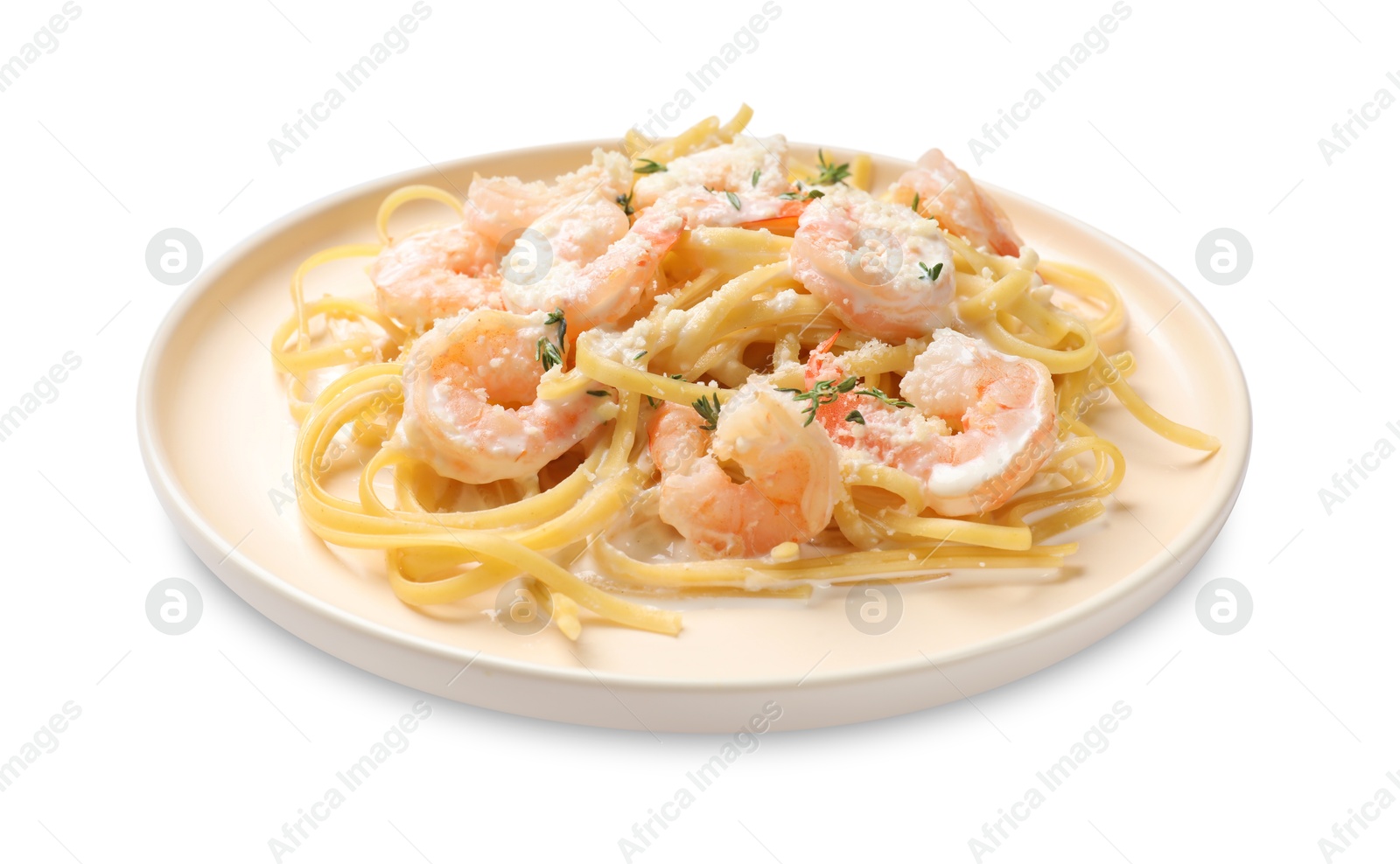 Photo of Delicious pasta with shrimps isolated on white