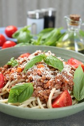 Photo of Delicious pasta bolognese with basil and tomatoes on grey table, closeup