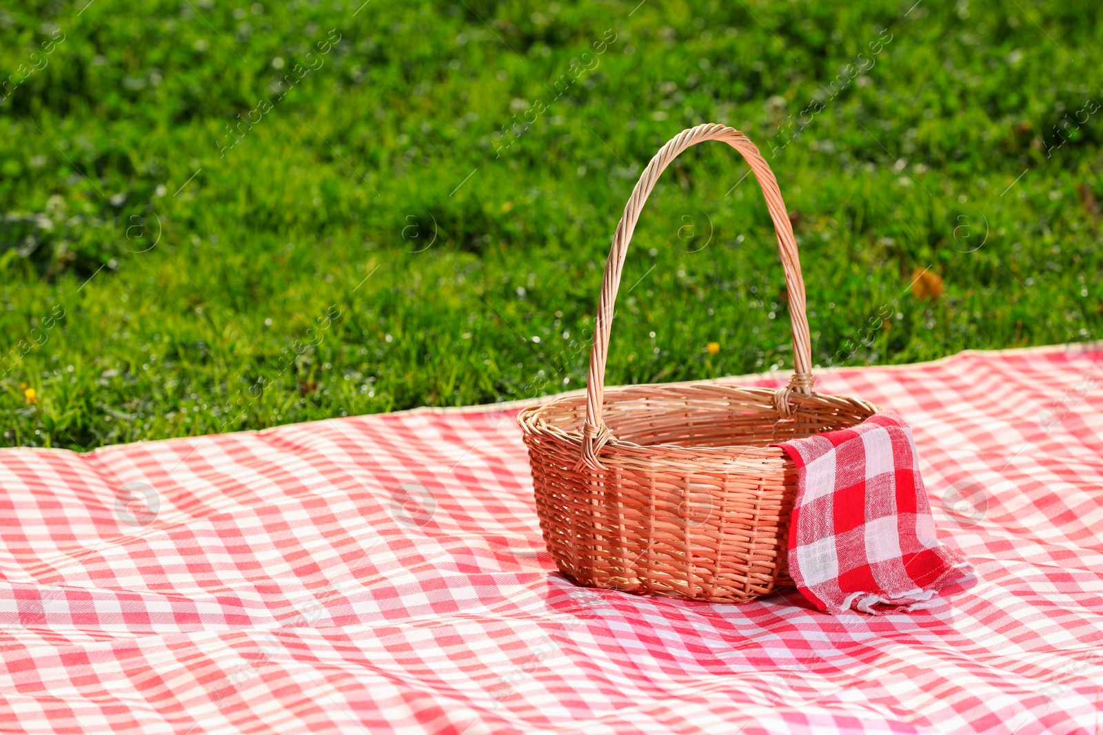 Photo of One picnic wicker basket with checkered napkin and blanket on green grass. Space for text