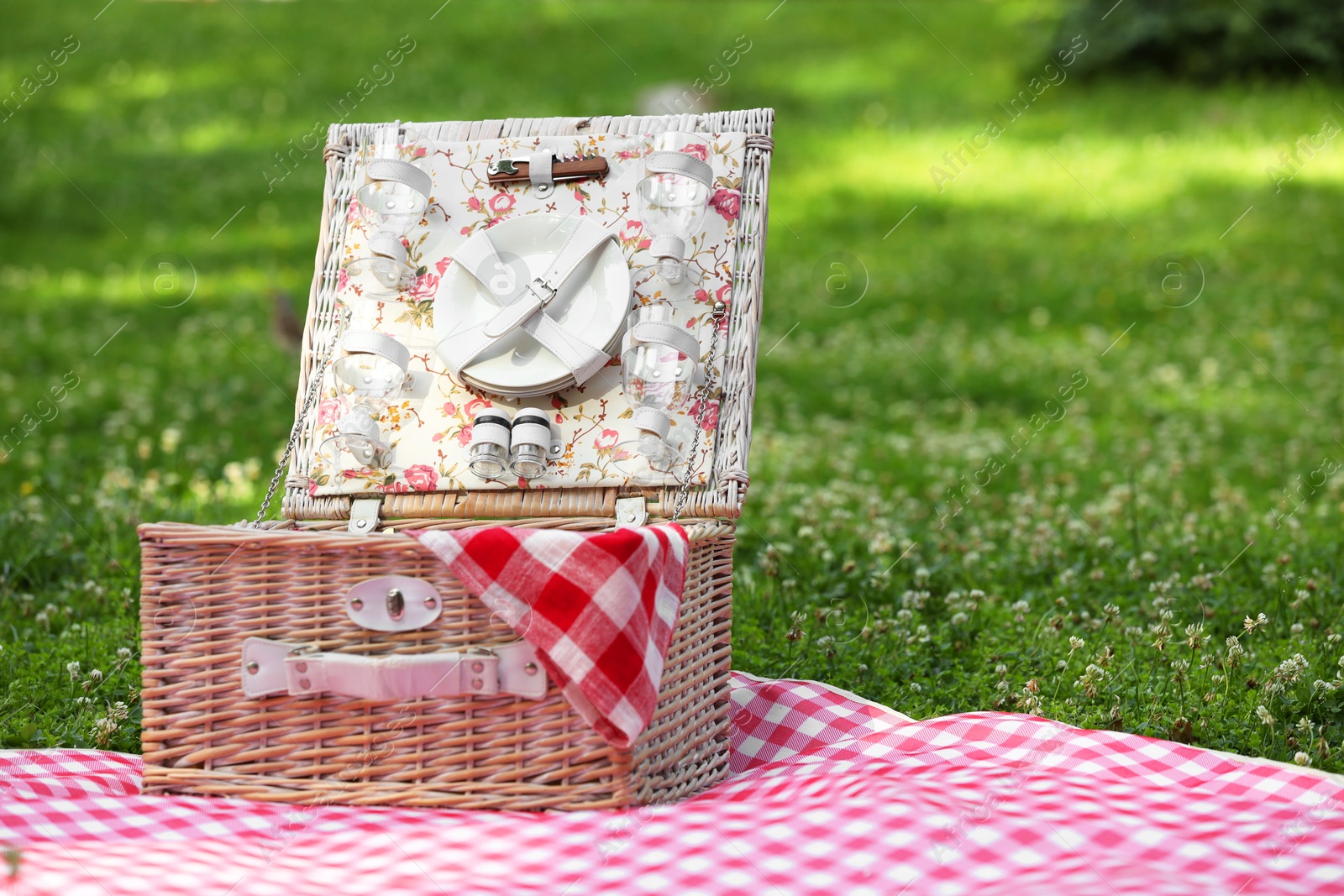 Photo of One picnic wicker basket with checkered napkin, tableware and blanket on green grass. Space for text