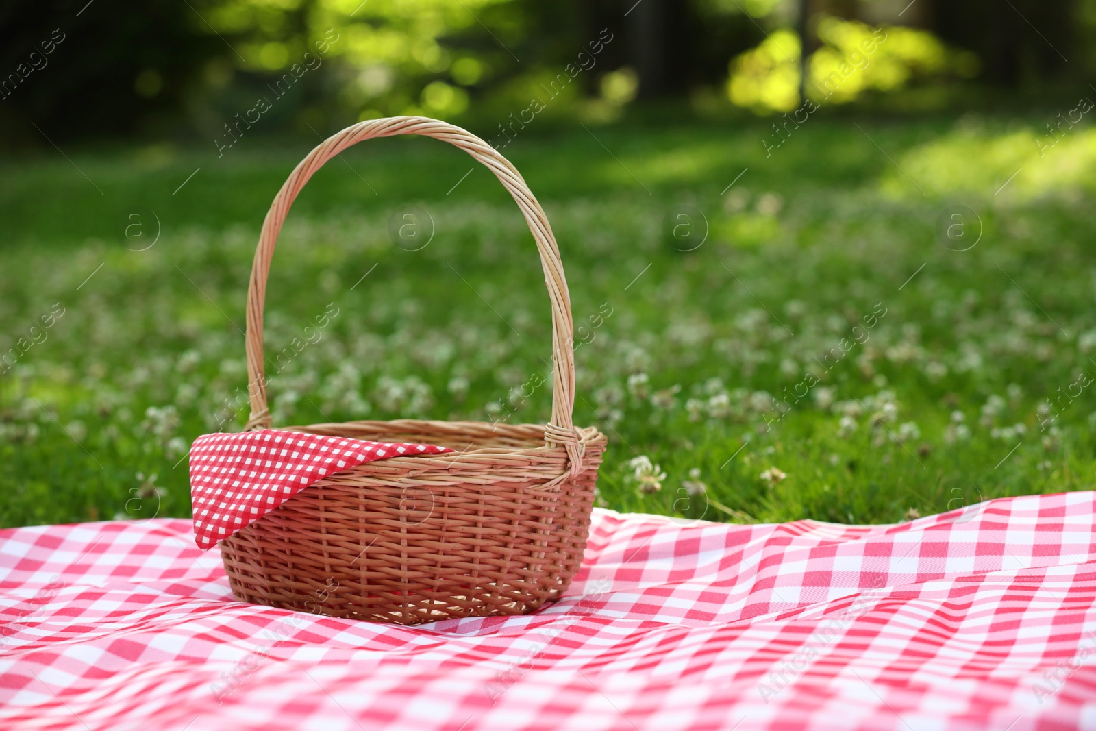 Photo of One picnic wicker basket with checkered napkin and blanket on green grass. Space for text